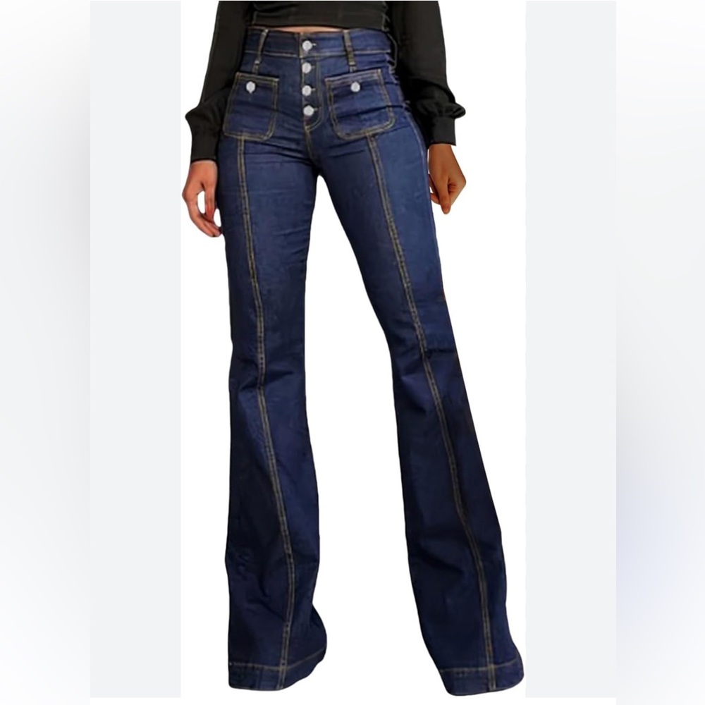 Retro Jeans For Women High Waist Front Button Flart Denim Trousers